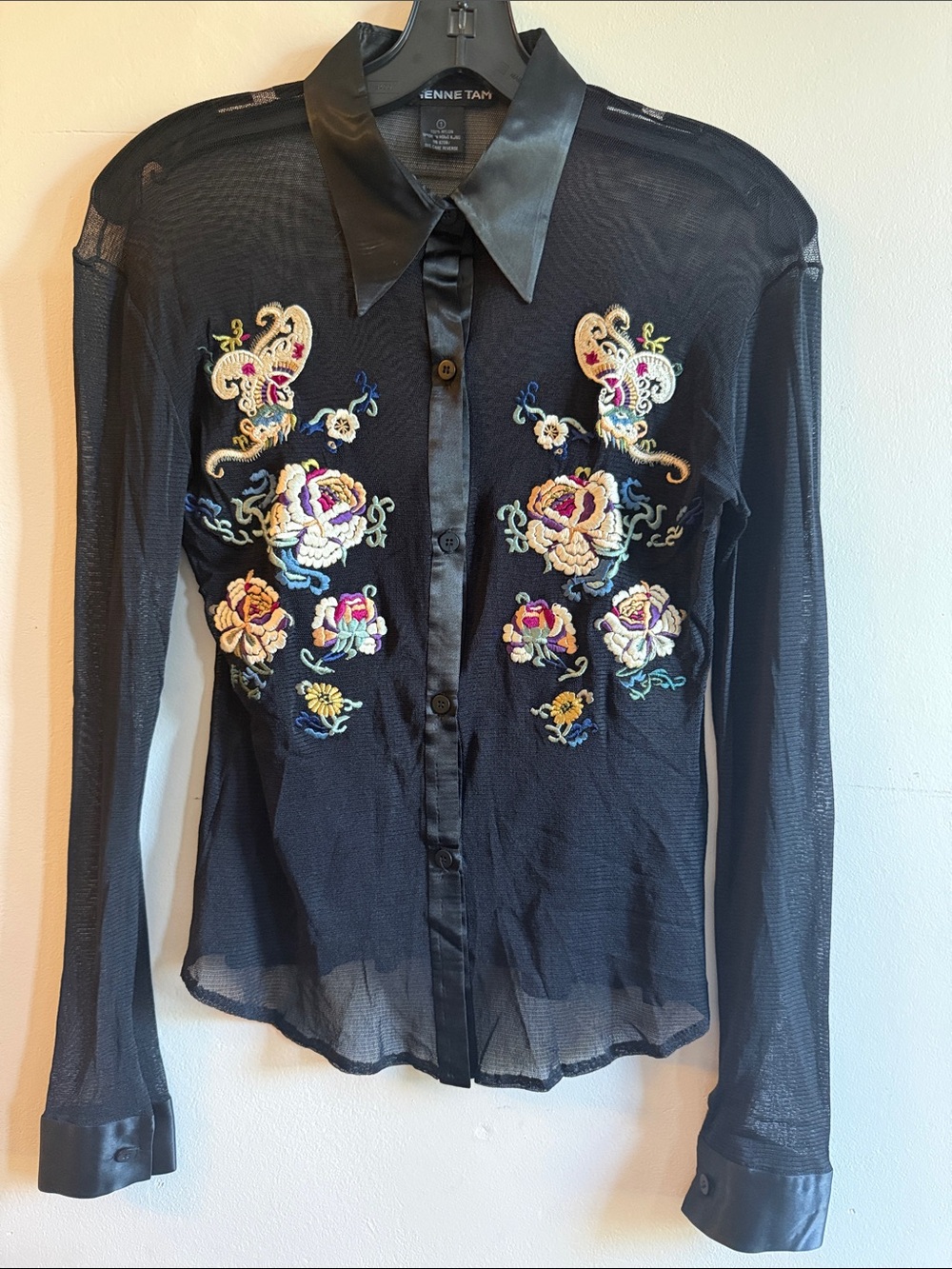 Vivienne Tam Black Sheer Button-Down Shirt with Multicolor Floral Embroidery